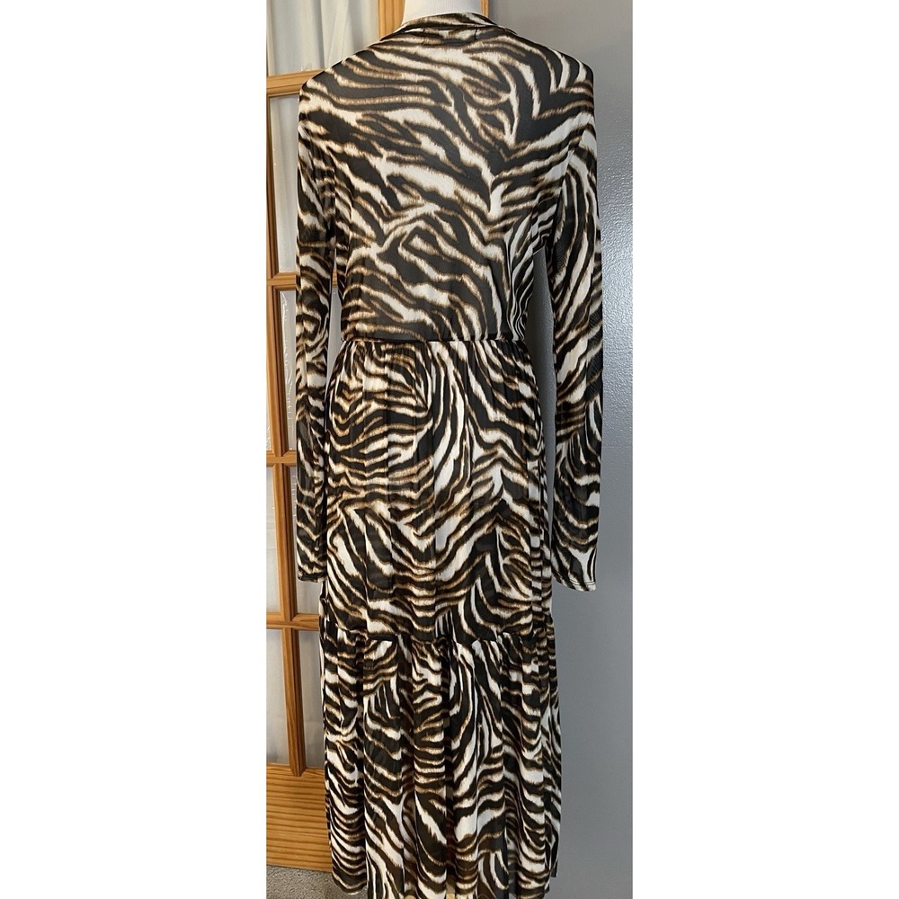 Tiger Print Tiered Mesh Maxi Dress Sz M Swimwear Cover Up Brown Beige Safari - Picture 3 of 11